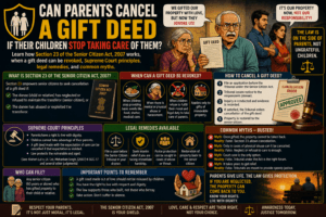 Can parents cancel a gift deed if their children stop taking care of them? Learn how Section 23 of the Senior Citizen Act, 2007 works, when a gift deed can be revoked, Supreme Court principles, legal remedies, and common Myths