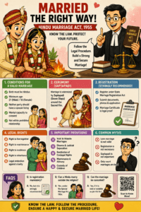 Learn the complete legal procedure to get married under the Hindu Marriage Act, 1955. Understand the conditions for a valid Hindu marriage, ceremonies, registration process, legal rights, myths, FAQs, and important provisions in this Guide