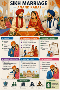 Learn the complete legal procedure for getting married under Sikh law in India. Understand Anand Karaj, the Anand Marriage Act, marriage registration, legal requirements, marriage certificate, myths, FAQs, and important legal provisions