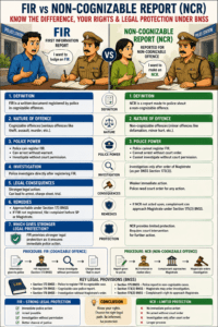Confused between an FIR and an Non cognizable report? Learn the difference, legal consequences, police powers, investigation procedure, remedies, and which provides stronger legal protection under the BNSS