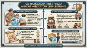 Has your bank account been frozen without notice? Learn whether police or banks can legally freeze your account, your rights under BNSS, constitutional protections, legal remedies, and how to get your account unfrozen in this complete Legal Guide!